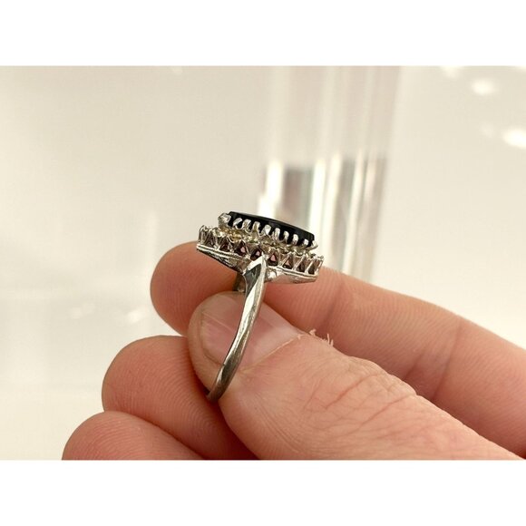 Art Deco Black Onyx & CZ Multi Gemstone Silver Toned Vintage Ring - sz 7 - Picture 4 of 10